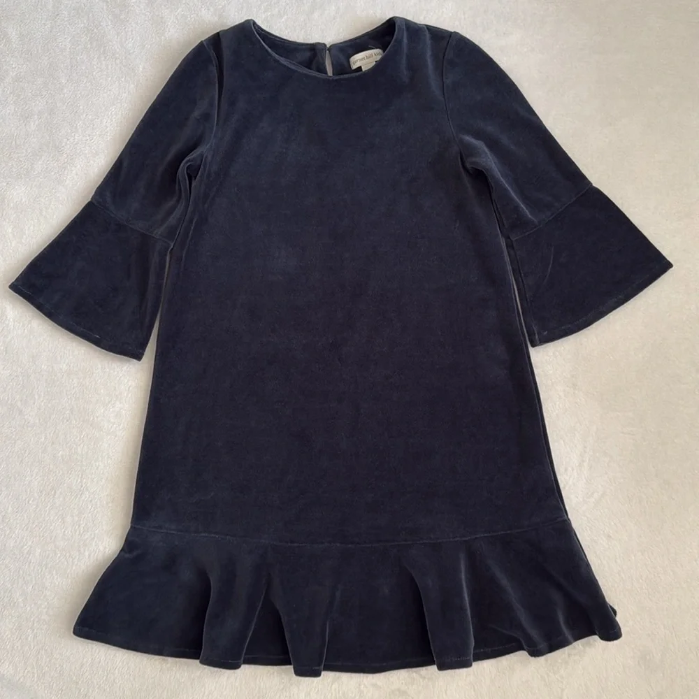 Garnet Hill Kids | Madeline Velour 3/4 Bell Sleeve Flounce Dress Blue (8)